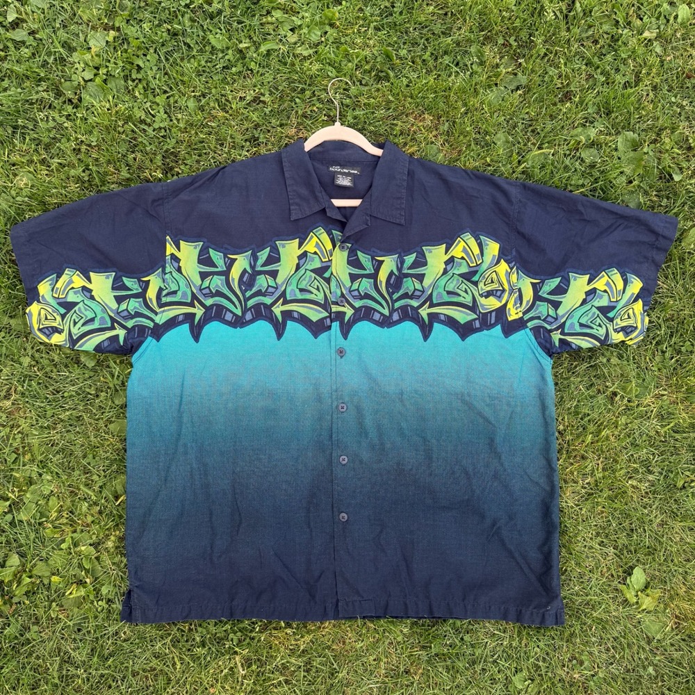 No Boundaries Button Up Shirt 2XL Samurai Navy Graffiti Ombre Cotton Y2K Urban